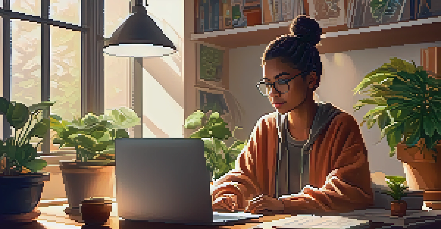 A young woman focused on coding at her laptop in a cozy study filled with plants and motivational quotes.