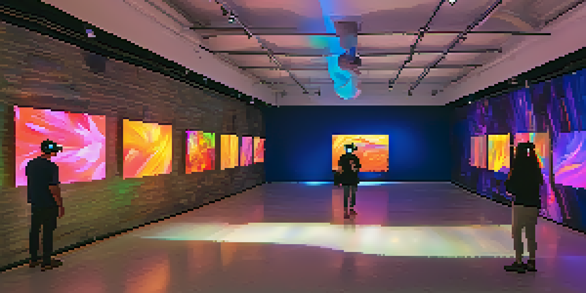 A lively art exhibition featuring people wearing virtual reality headsets, surrounded by colorful installations and digital artwork in a modern gallery.