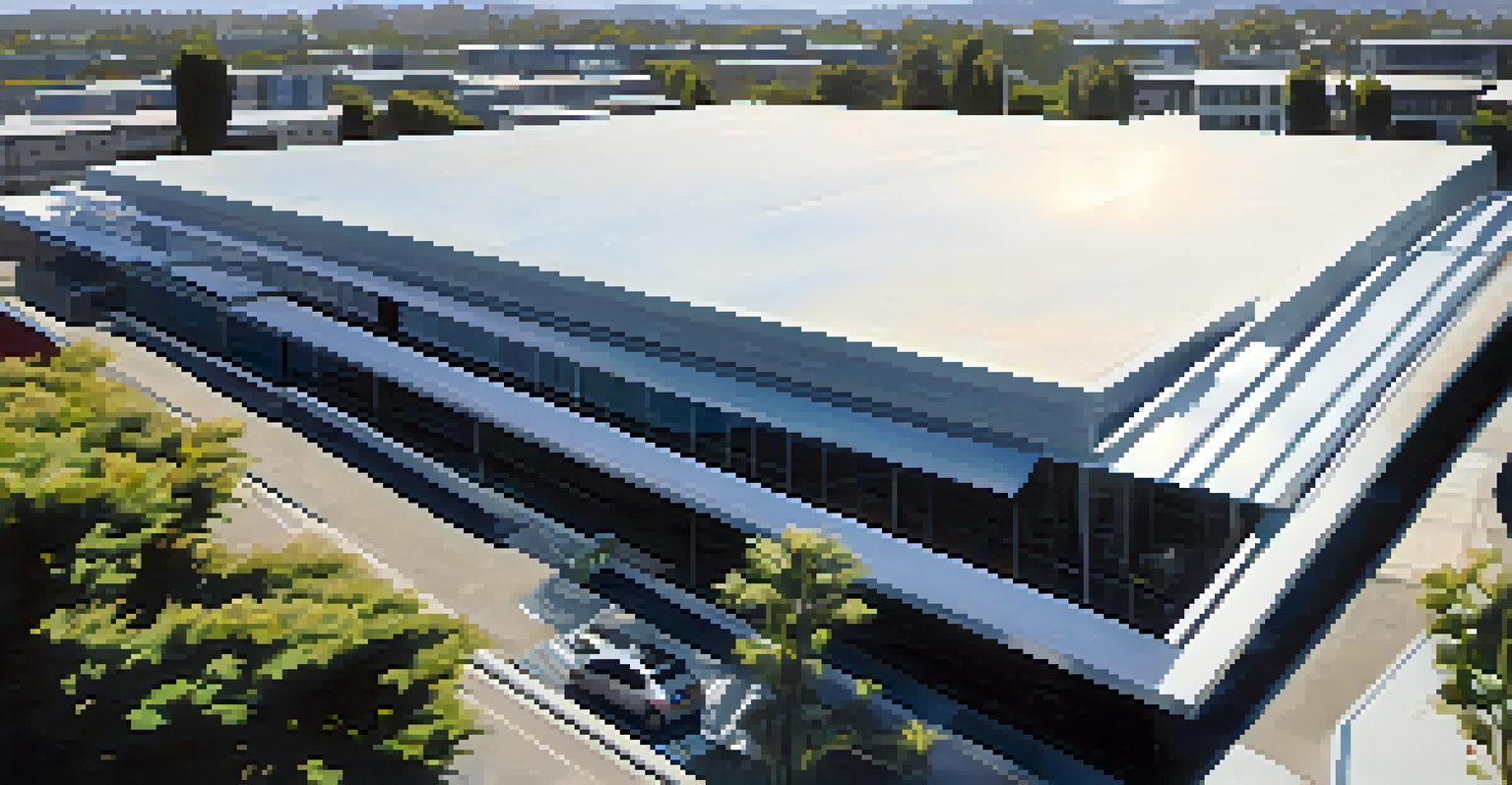 A close-up of a cool, reflective roof on a modern building in San Jose, surrounded by urban structures and greenery.