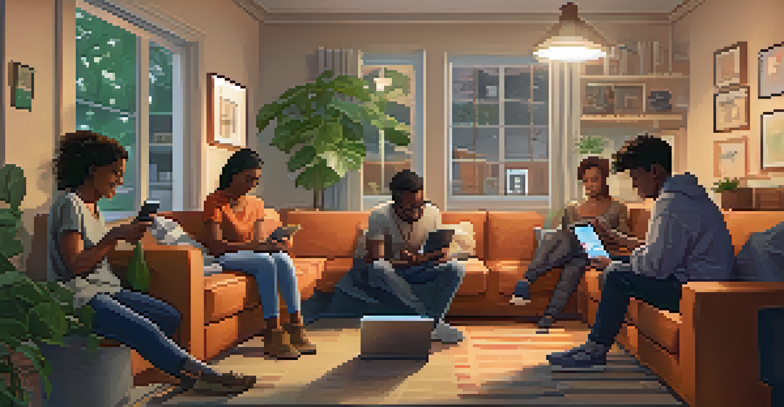 A cozy living room scene showing a diverse group of residents using devices to discuss local community issues, with warm lighting creating a welcoming atmosphere.