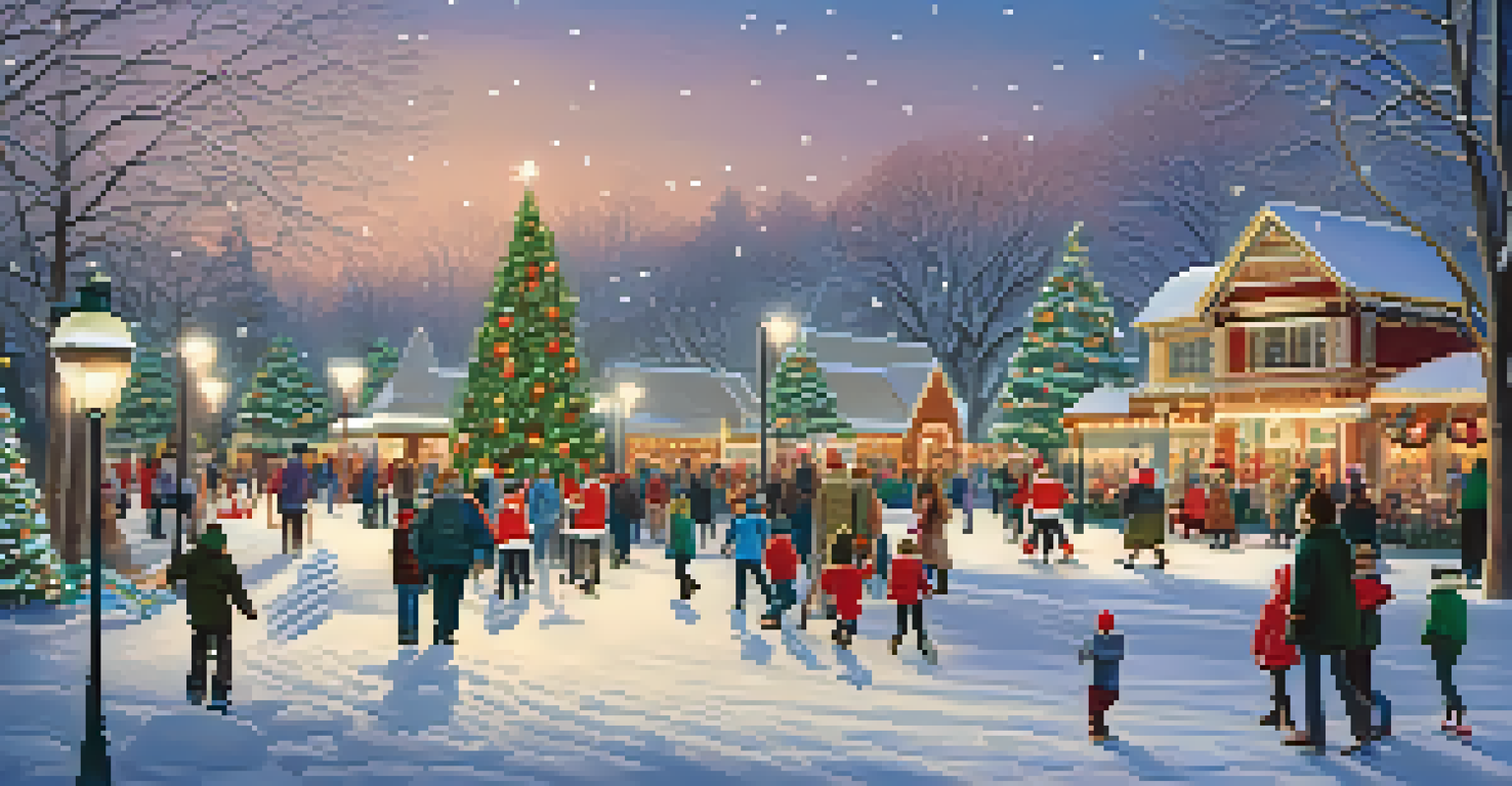 A holiday scene in the park with decorated trees, lights, and families enjoying Christmas in the Park.