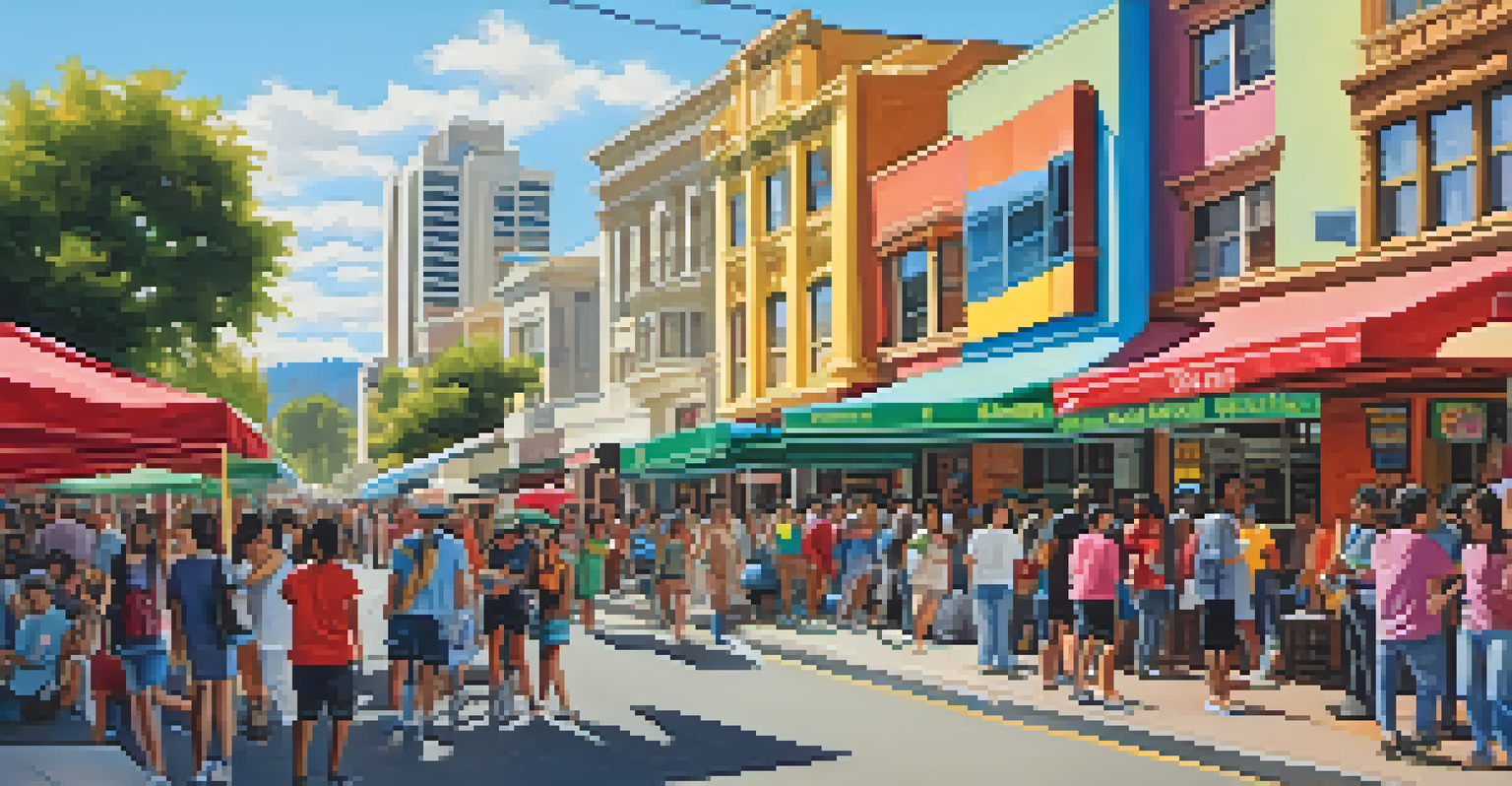 A vibrant cityscape of San Jose showcasing cultural diversity with colorful murals and people socializing.