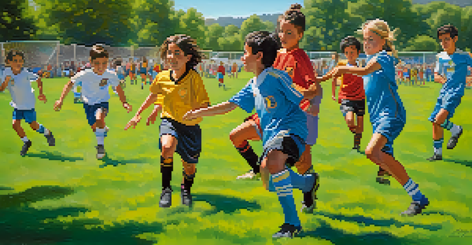 A lively youth soccer match with children in colorful jerseys playing on a green field, parents cheering on the sidelines, and trees in the background.