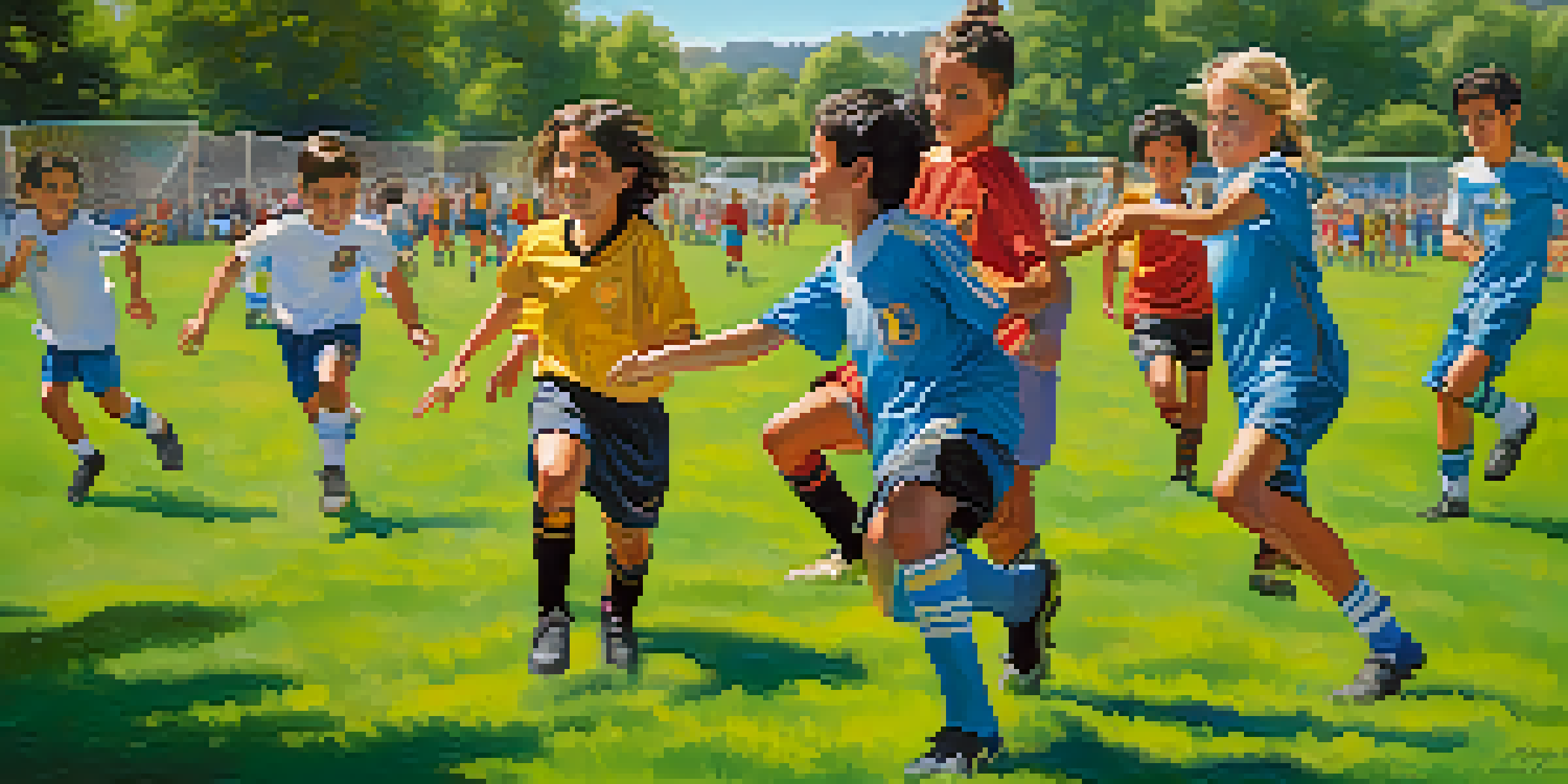 A lively youth soccer match with children in colorful jerseys playing on a green field, parents cheering on the sidelines, and trees in the background.