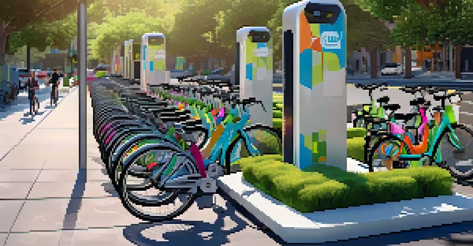 A modern bike-sharing station in San Jose with colorful bikes and dedicated bike lanes surrounded by greenery, in warm afternoon light.