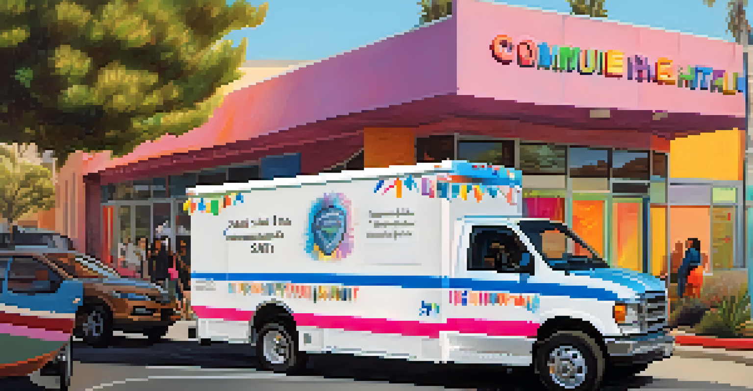 A mobile crisis unit outside a community center with people engaging with trained professionals.