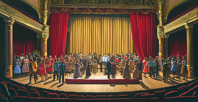 A diverse group of actors rehearsing on stage in a warmly lit community theater with red curtains and wooden details.