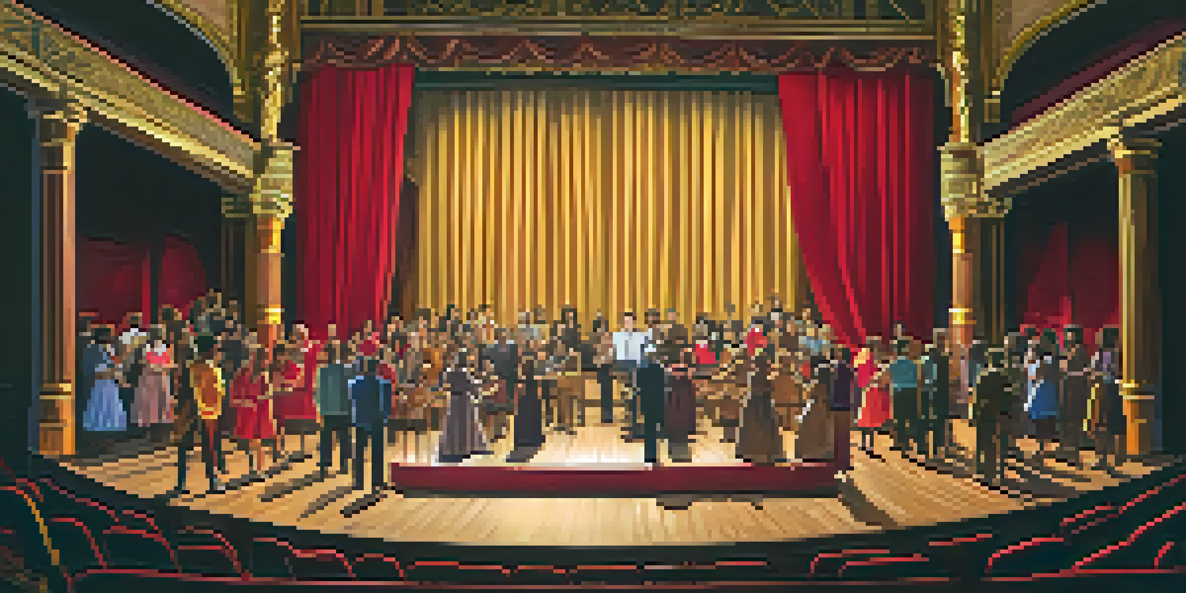 A diverse group of actors rehearsing on stage in a warmly lit community theater with red curtains and wooden details.