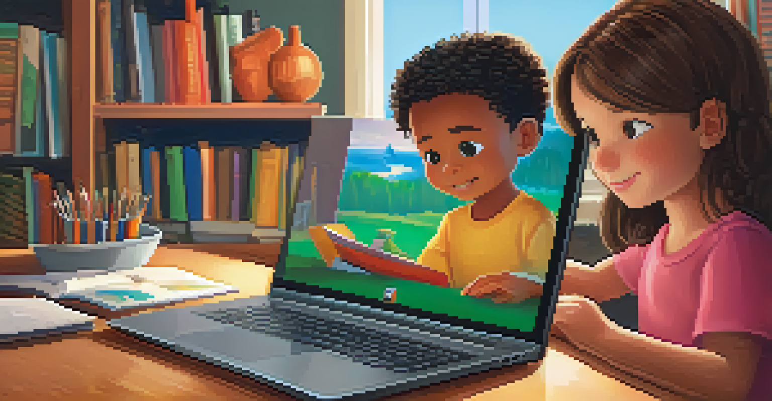 A child and adult working together on a coding project on a refurbished laptop in a cozy home setting.