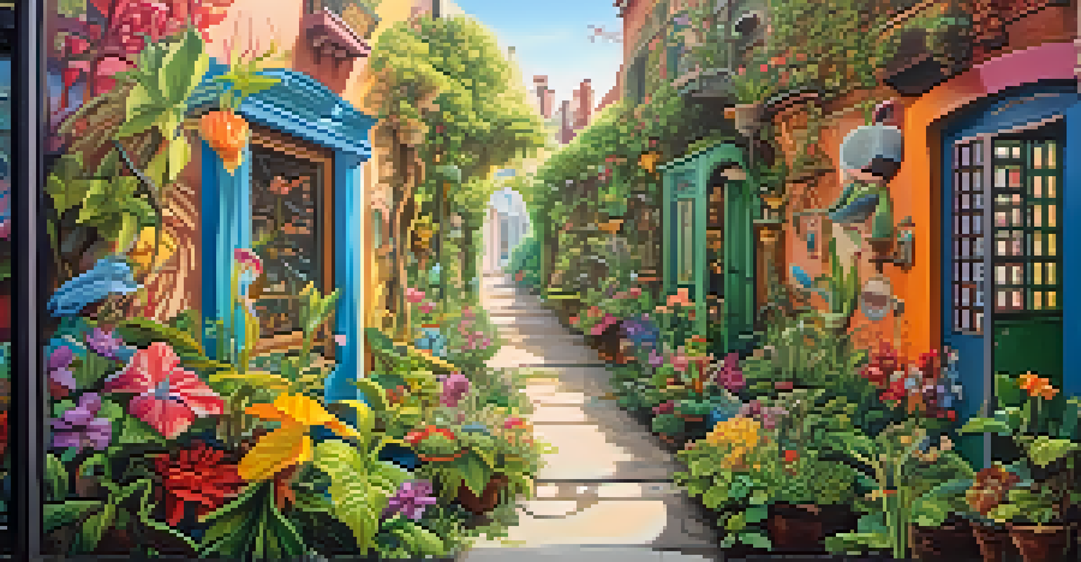 A colorful mural of a whimsical garden with various plants and animals, located in a quiet alley, illuminated by sunlight.
