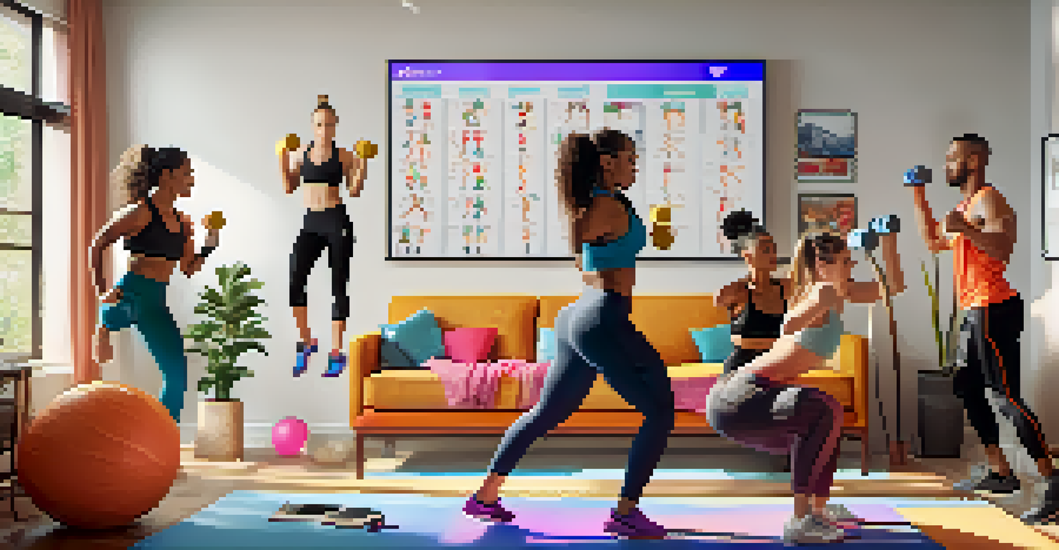 A group of people engaged in a virtual HIIT class at home, showcasing energy and diversity.