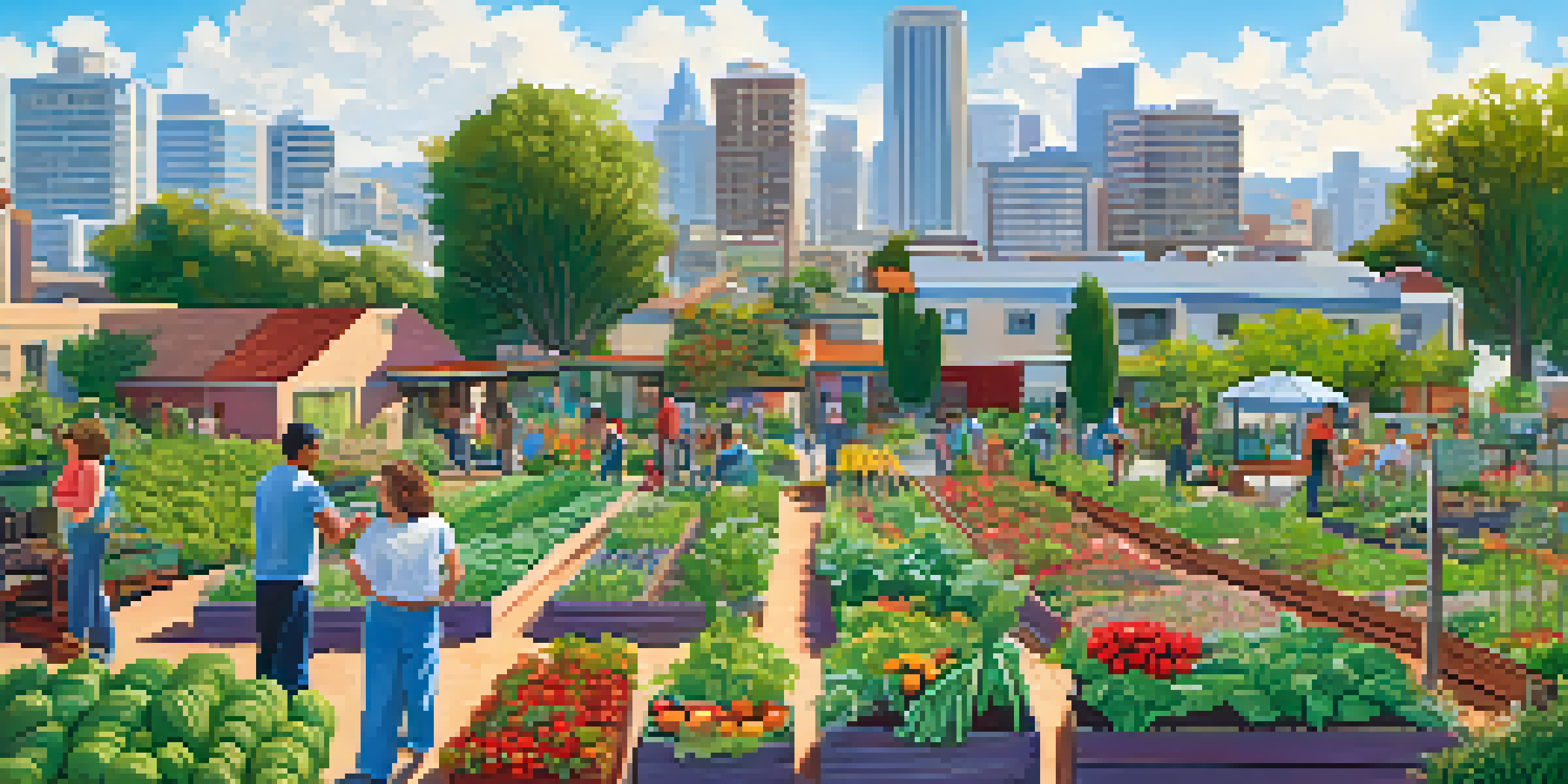 A lively community garden with neighbors chatting and tending to colorful plants and vegetables under a clear sky.