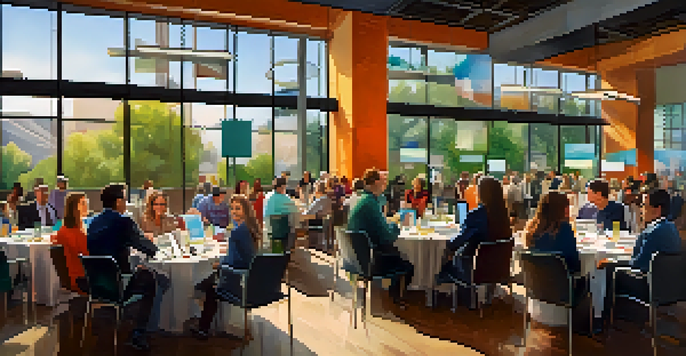 A lively scene at a collaborative business event with professionals networking and discussing ideas in a modern venue.