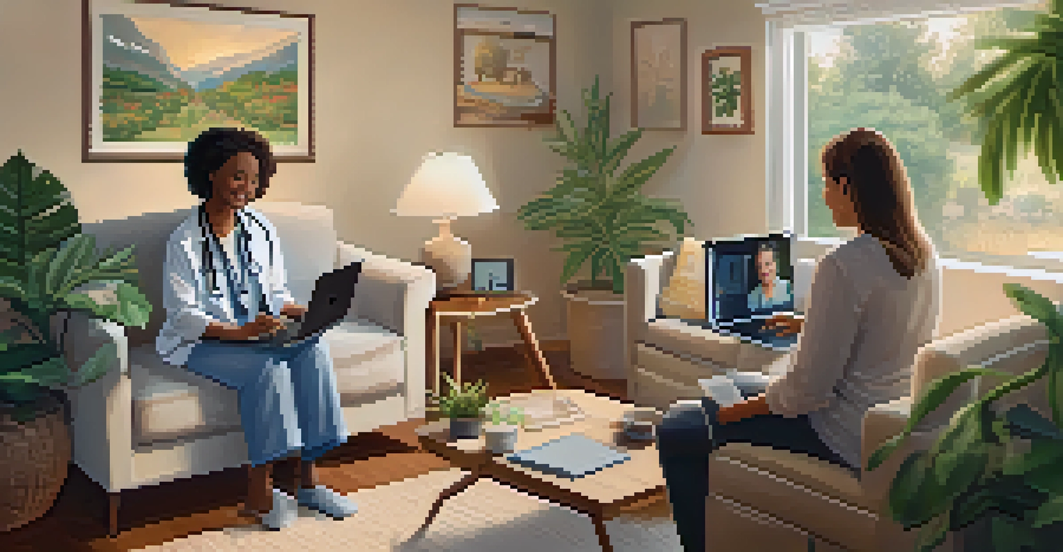 A patient at home participating in a telemedicine session with a healthcare provider on a laptop in a cozy, warmly lit environment.