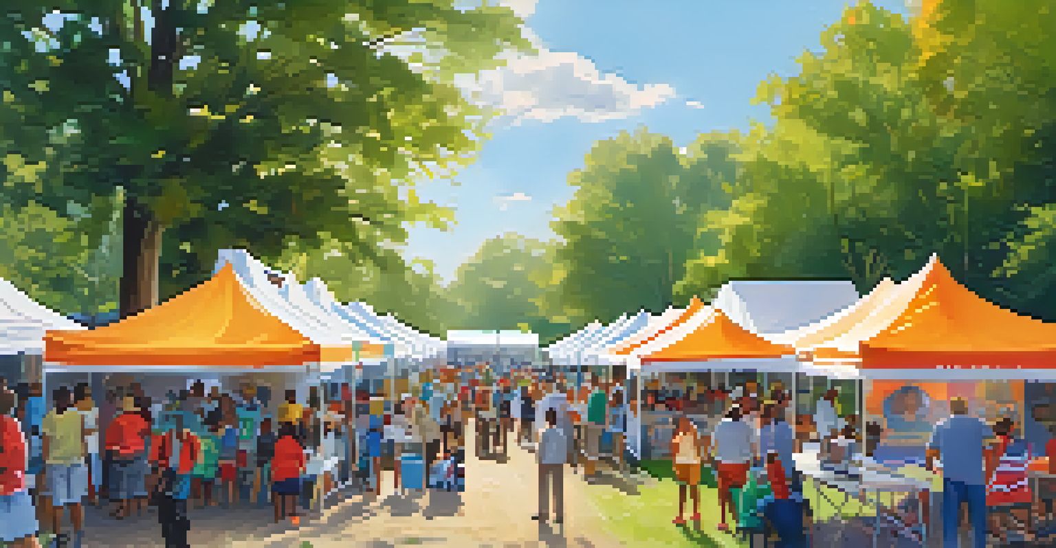 An outdoor health fair with community members engaging in free health screenings and activities under colorful tents.