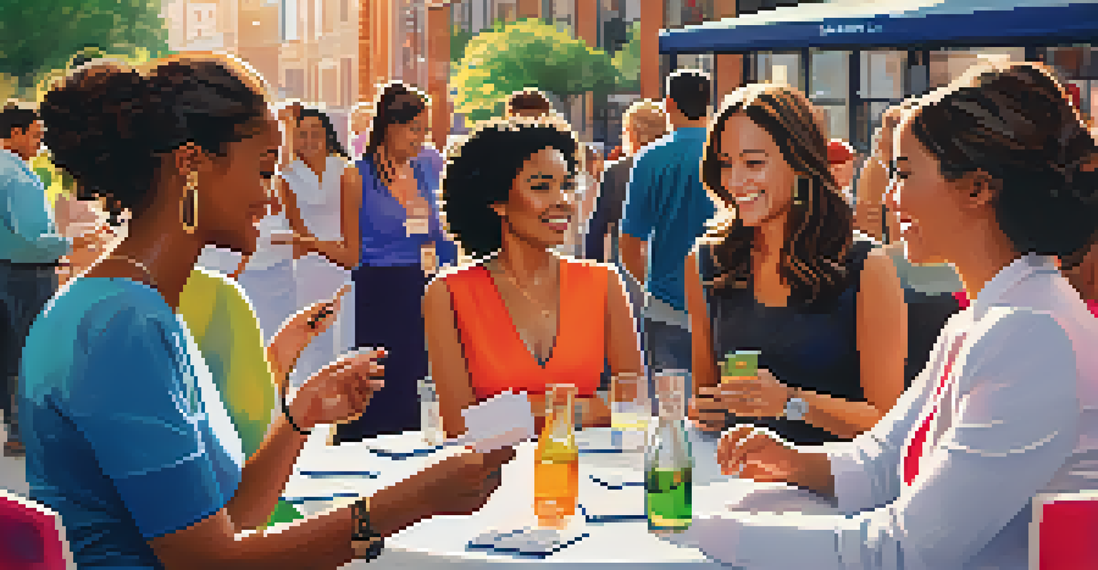 Women networking at an event, exchanging ideas and business cards in an urban environment.