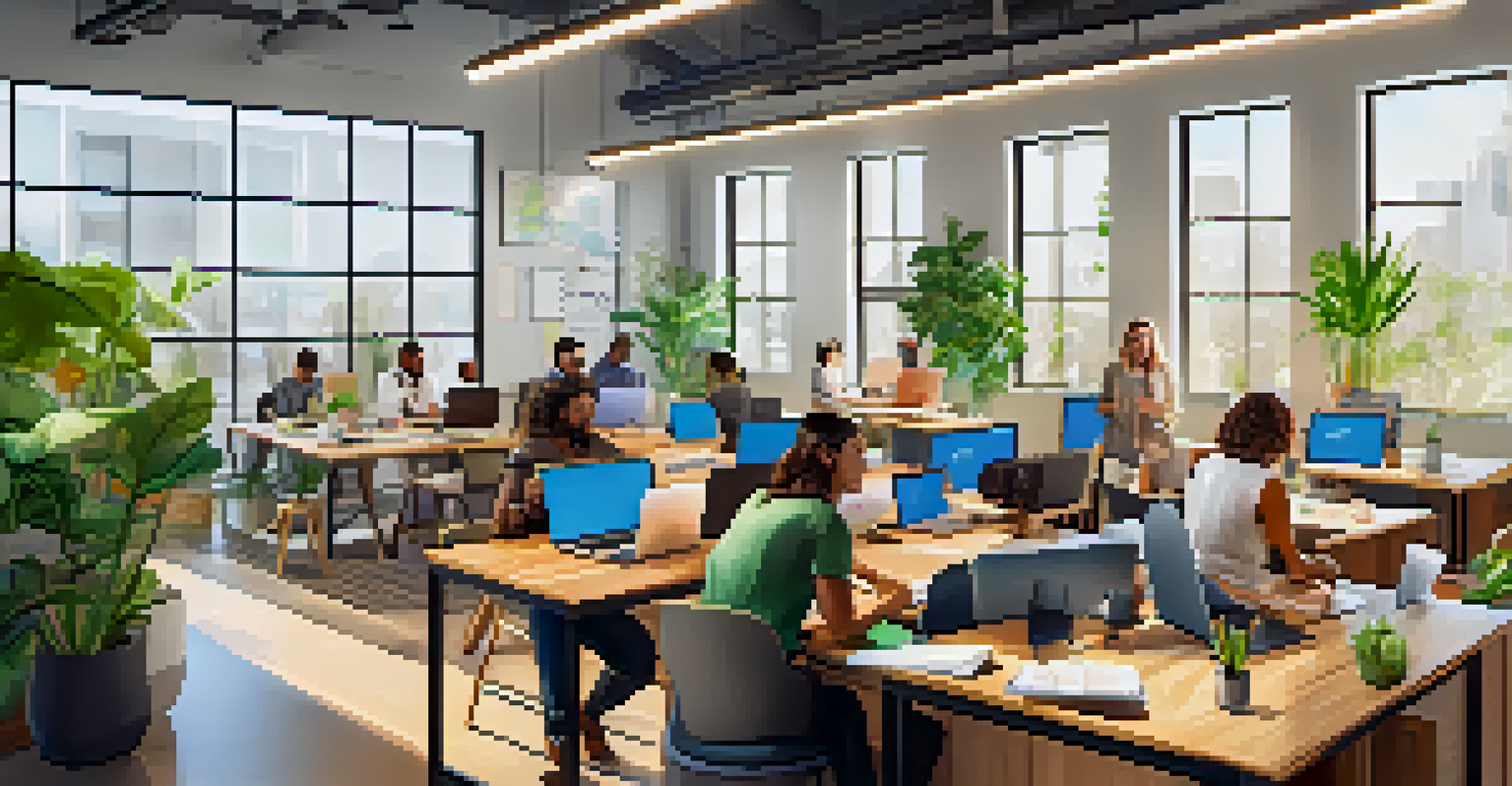 A vibrant startup incubator with diverse entrepreneurs collaborating, modern desks, and bright natural light.