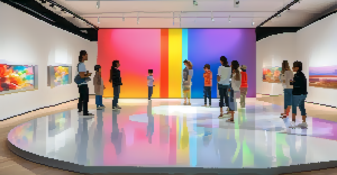 A colorful digital mural in a modern gallery, with people interacting and their reflections on the floor.