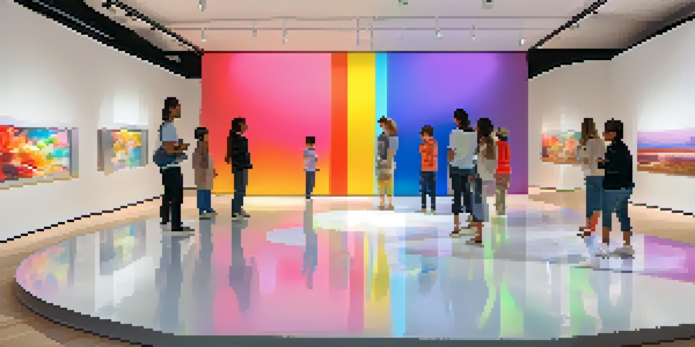 A colorful digital mural in a modern gallery, with people interacting and their reflections on the floor.