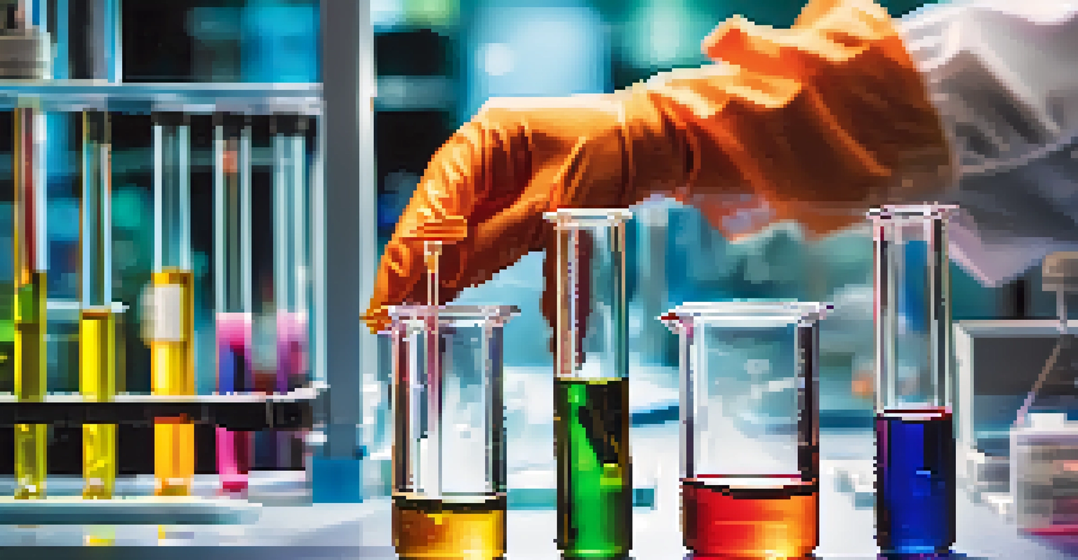 A close-up of a scientist using a pipette to transfer liquid into a test tube in a modern lab, with colorful liquids in the background.