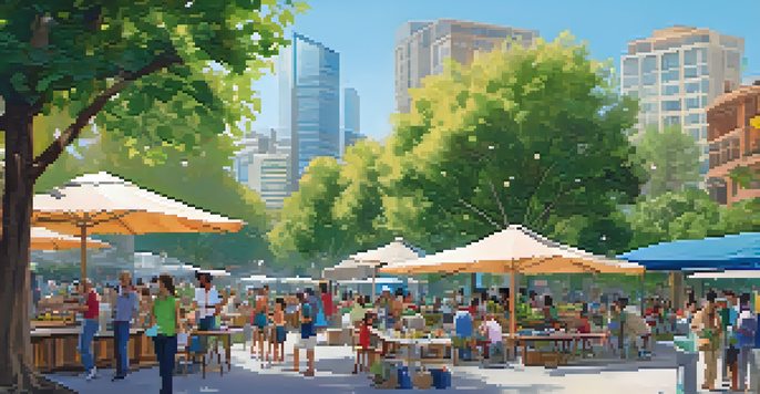 A lively city park in San Jose with families enjoying a community event, food stalls, and residents using mobile apps amidst greenery and city buildings.