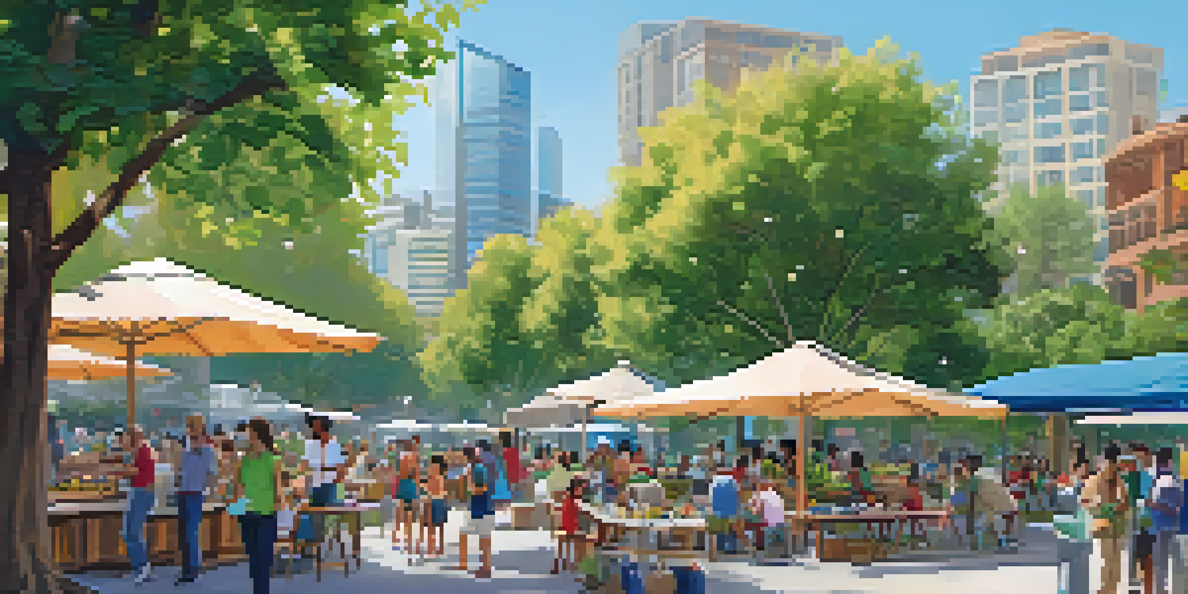 A lively city park in San Jose with families enjoying a community event, food stalls, and residents using mobile apps amidst greenery and city buildings.