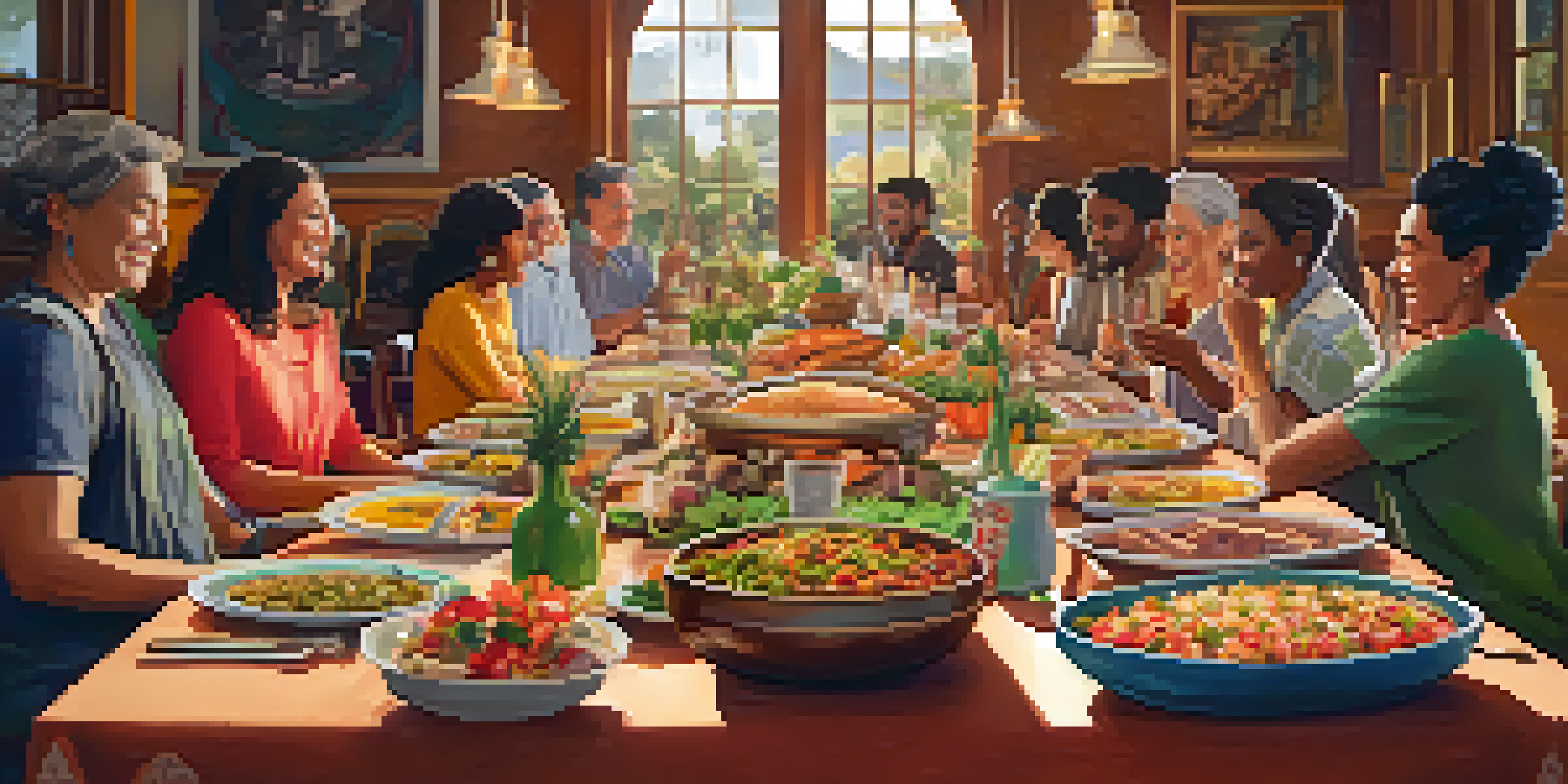 A gathering of diverse individuals enjoying a potluck dinner with a variety of cultural dishes on a long table, set in a warm and inviting environment.