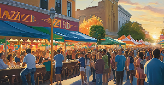 A lively street scene at the San Jose Jazz Festival with diverse people, colorful banners, and musicians performing as the sun sets.