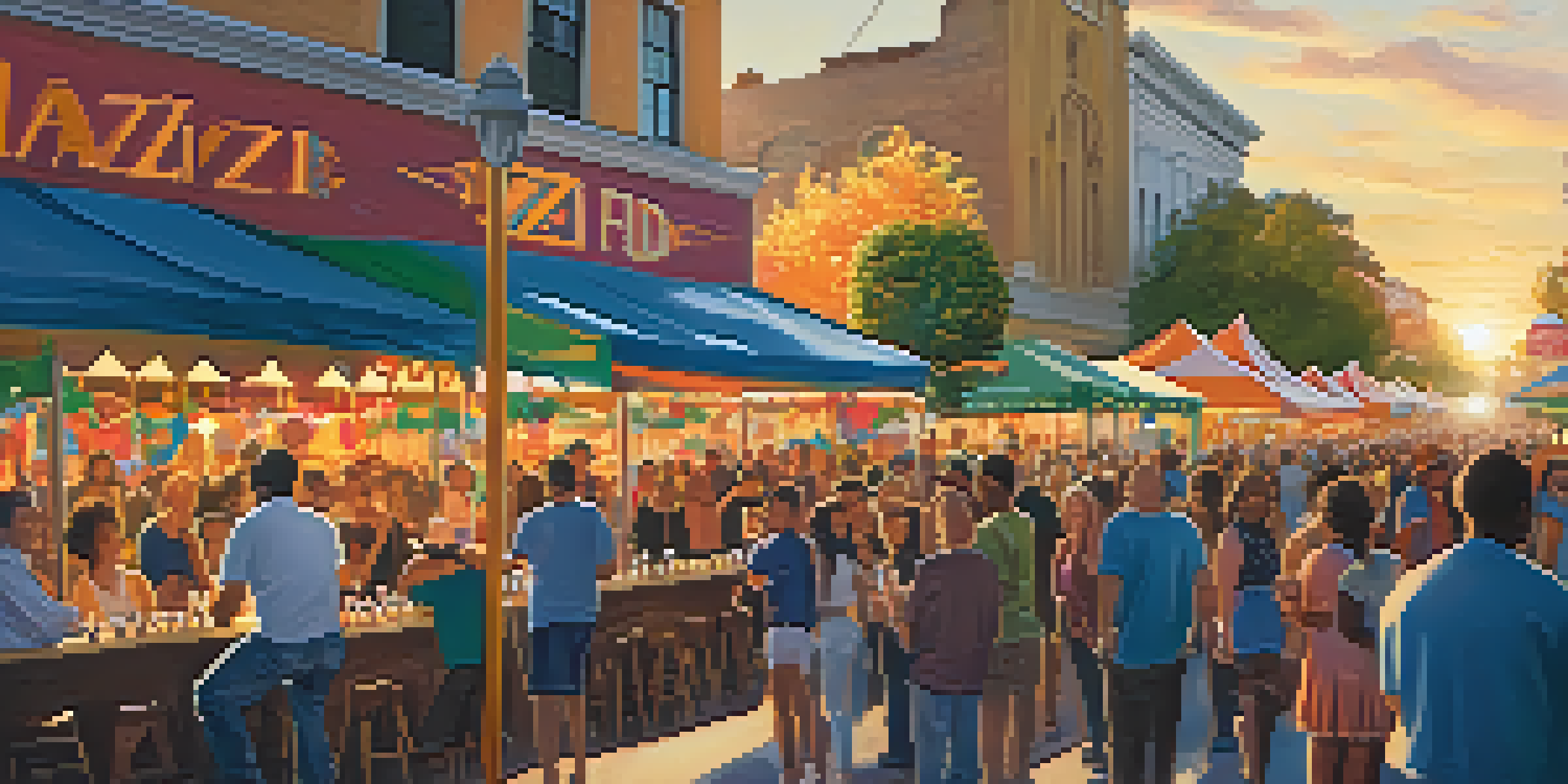 A lively street scene at the San Jose Jazz Festival with diverse people, colorful banners, and musicians performing as the sun sets.