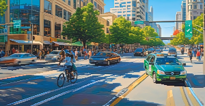 A busy street in San Jose with smart traffic lights and real-time information displays, bright and sunny atmosphere.