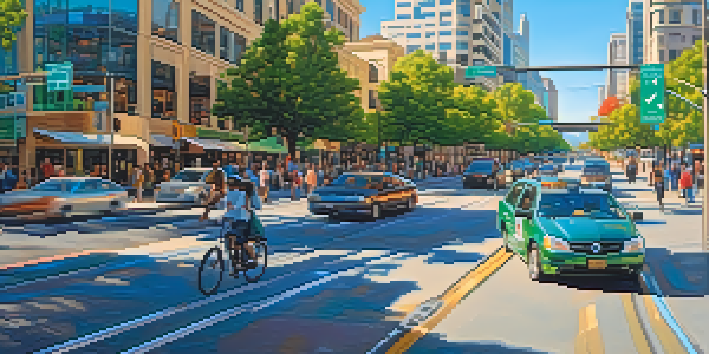A busy street in San Jose with smart traffic lights and real-time information displays, bright and sunny atmosphere.