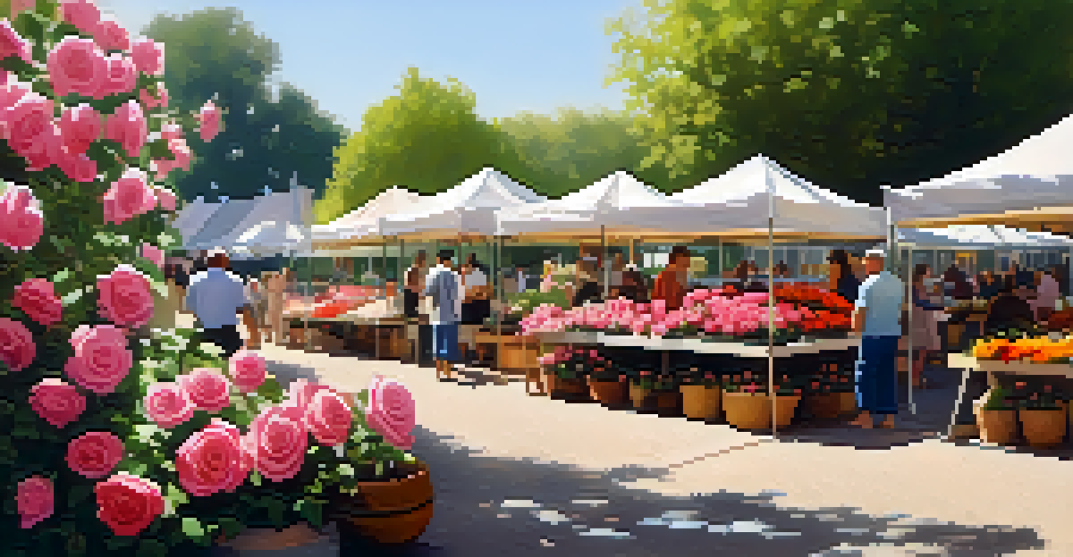 A peaceful farmers' market set in a rose garden, with artisans showcasing crafts and blooming flowers surrounding them.