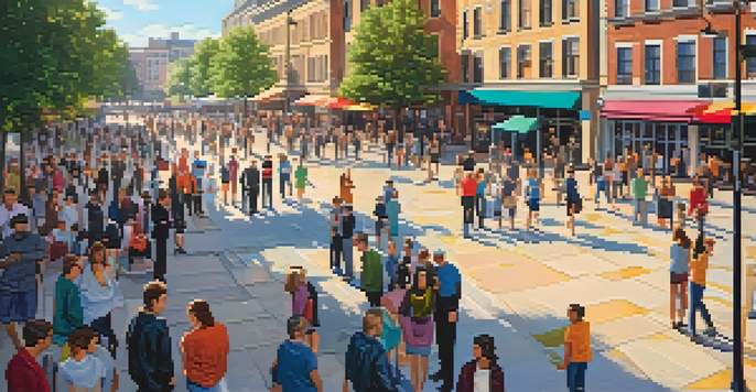 A busy city square with people and smart surveillance cameras monitoring the area.