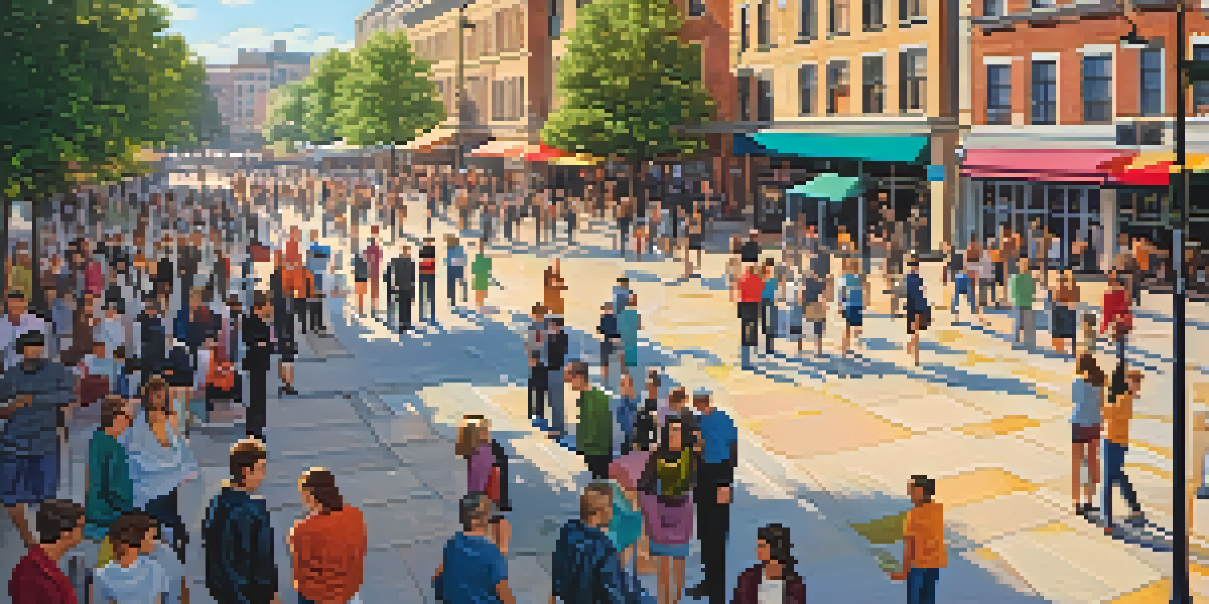 A busy city square with people and smart surveillance cameras monitoring the area.