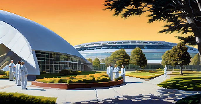 A wide view of NASA Ames Research Center with scientists discussing in front of modern buildings and wind tunnel structures under a clear blue sky.