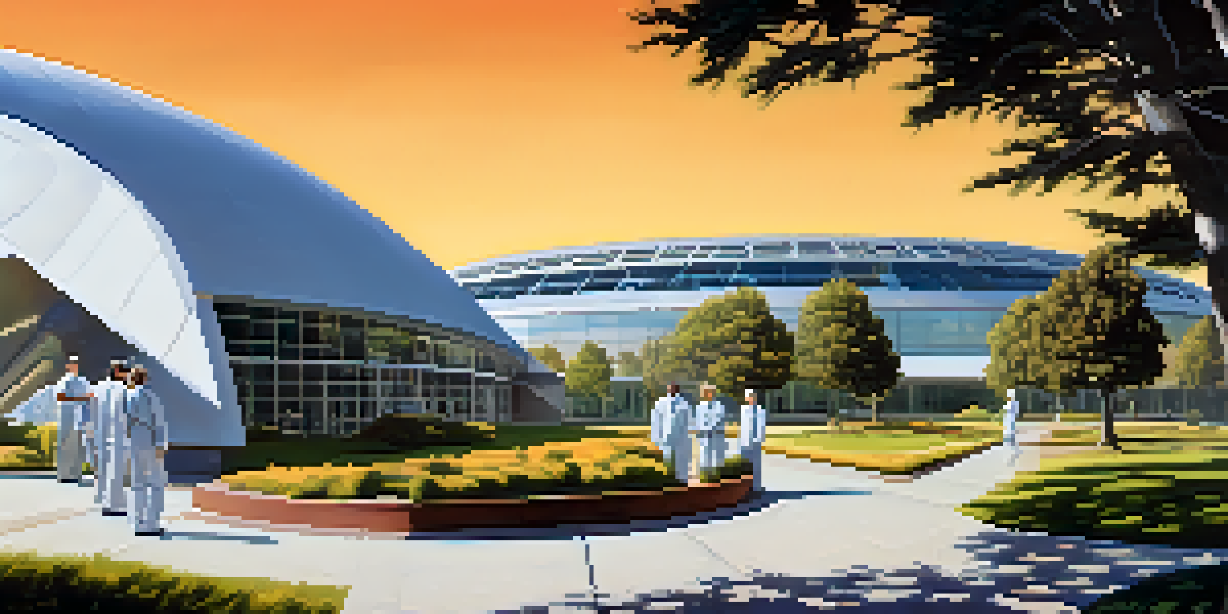 A wide view of NASA Ames Research Center with scientists discussing in front of modern buildings and wind tunnel structures under a clear blue sky.