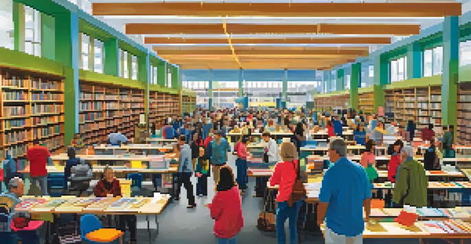 A vibrant book fair at San Jose Public Library, with people browsing books and local authors signing copies.