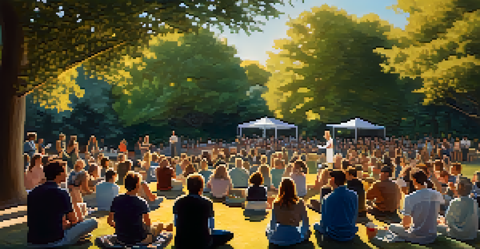 Actors performing in a park setting with an audience watching on picnic blankets, surrounded by trees and warm evening light.
