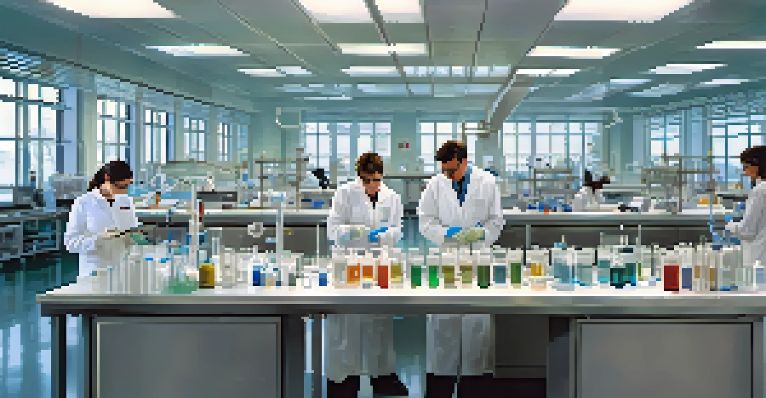 A close-up view of scientists in a laboratory conducting biotechnology research, featuring diverse individuals working with lab equipment and experiments.