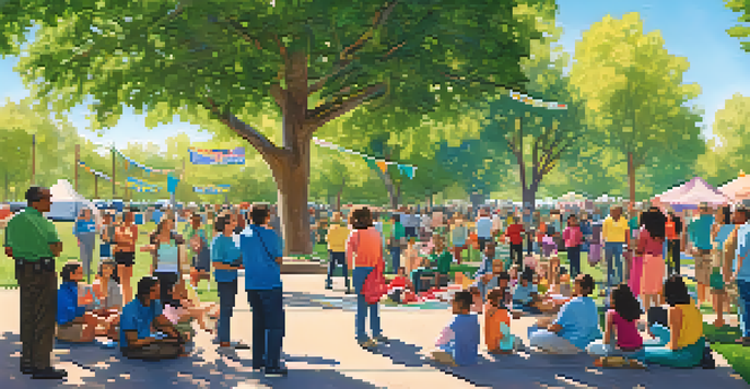 A lively community event in a park with diverse residents discussing public safety, surrounded by trees and colorful banners.
