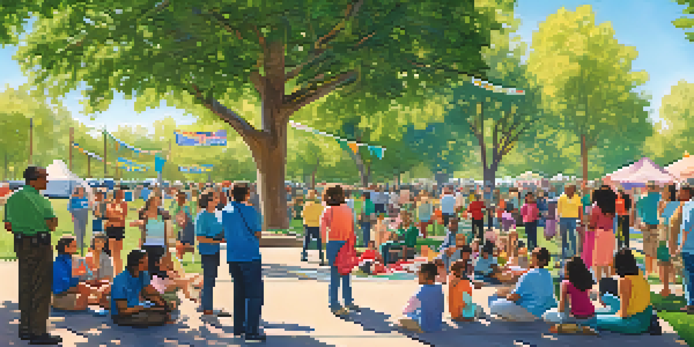 A lively community event in a park with diverse residents discussing public safety, surrounded by trees and colorful banners.