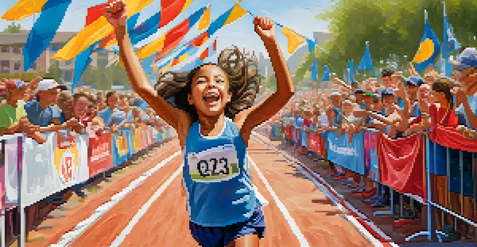 A young girl crossing the finish line of a running race, surrounded by cheering spectators and colorful banners.