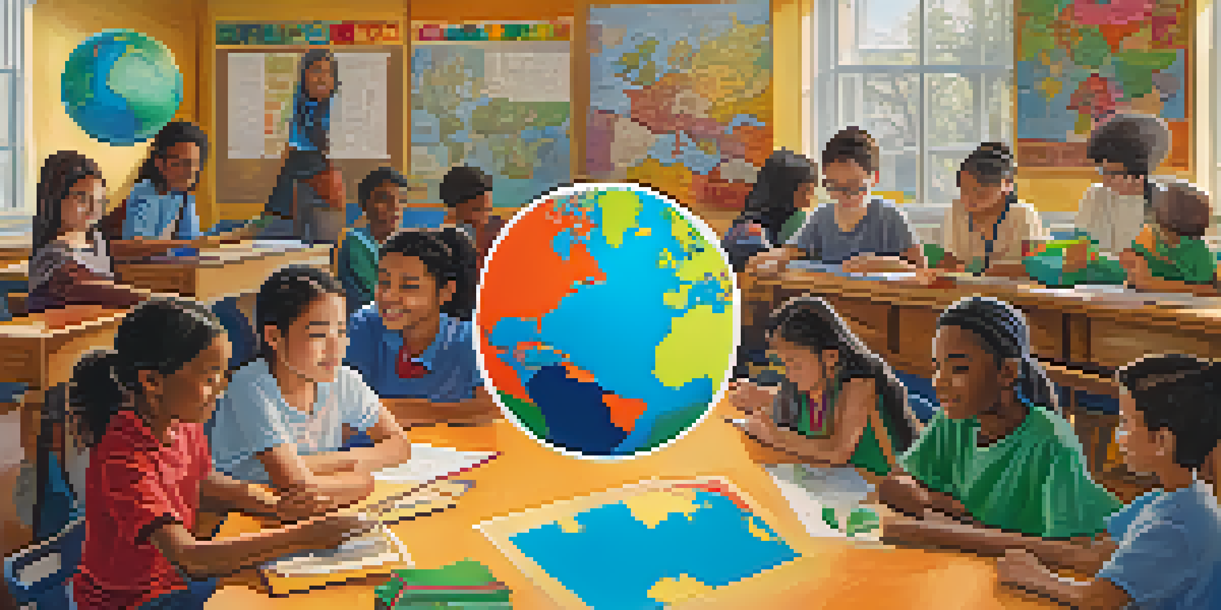 A diverse group of students working together in a colorful classroom, collaborating on a project with educational materials around them.