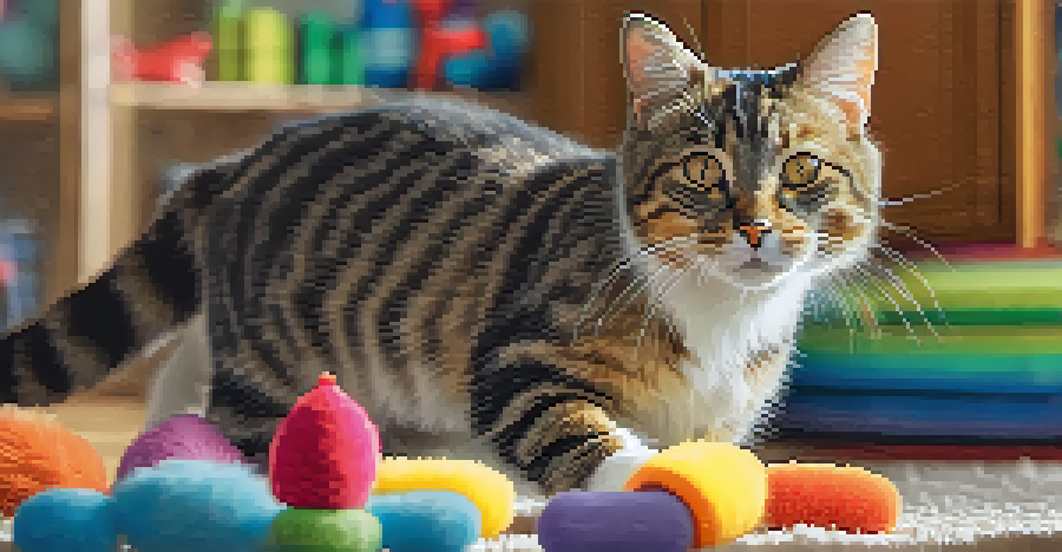 A joyful cat playing with a toy in a cozy foster home environment.