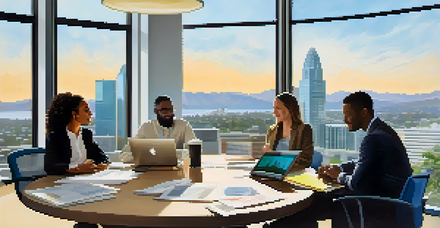 A diverse group of entrepreneurs in a modern meeting room discussing funding options with laptops and notes on the table.