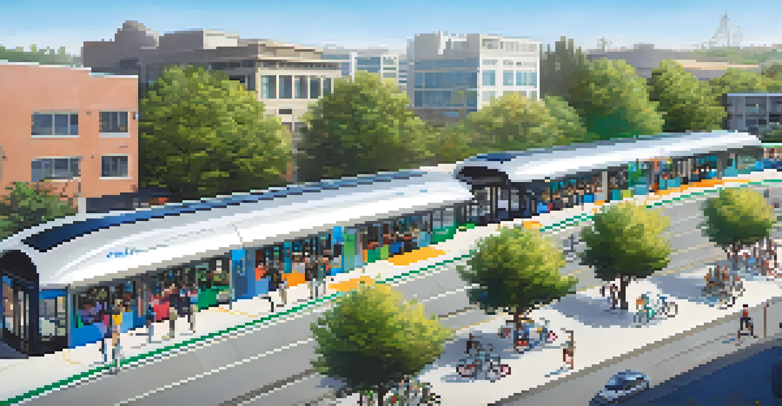 Aerial view of a bike-sharing station and light rail station in San Jose, with people using bikes and boarding trains amidst lush greenery.