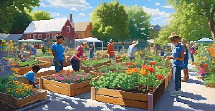 A community garden workshop with participants planting seeds in raised beds, surrounded by flowers and greenery under a blue sky.