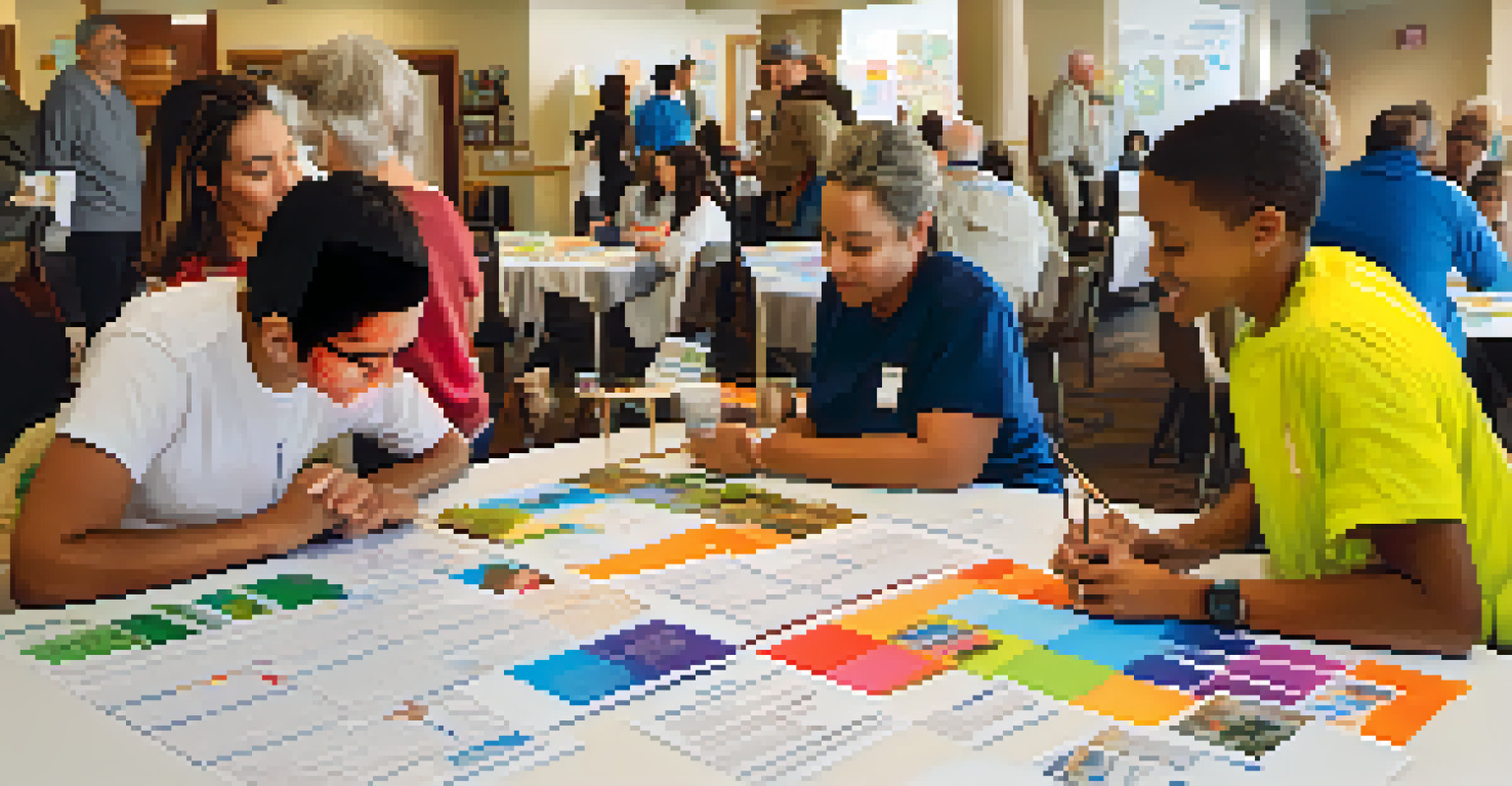 Residents participating in a community engagement workshop with colorful posters and a collaborative atmosphere.