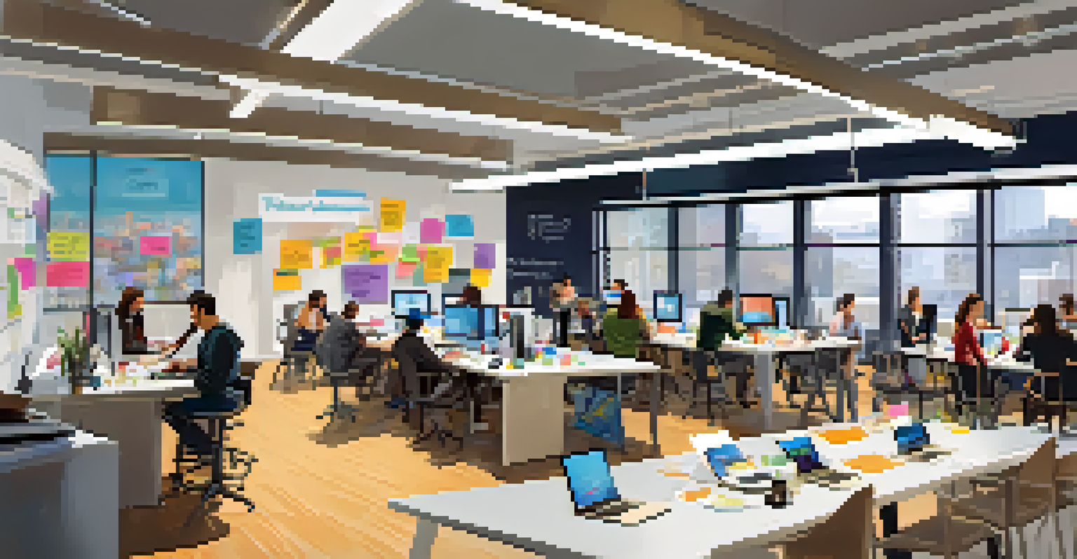 A lively tech incubator filled with young professionals brainstorming together at a large table.