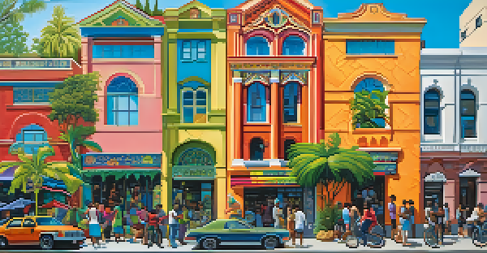 A colorful mural on a building wall in San Jose, with people admiring the artwork and greenery around.